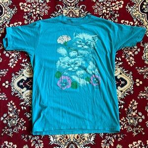 Vintage Jerzees Cats Flowers Blue T-Shirt Unisex Medium